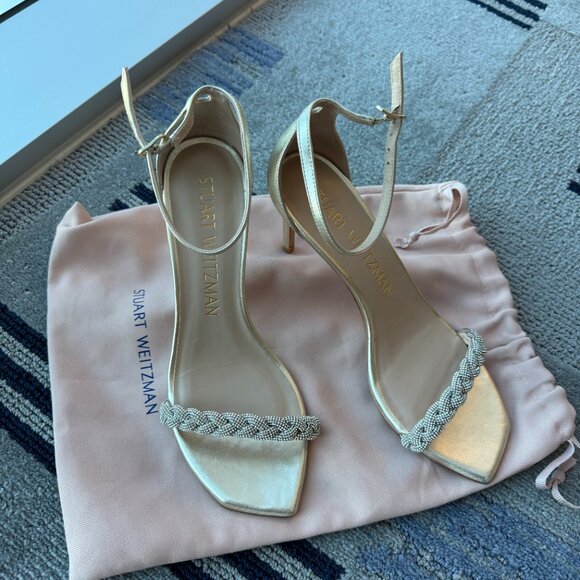 Stuart Weitzman Shoes - Stuart Weitzman Metallic Gold Braided Strap Ankle Strap Sandals
